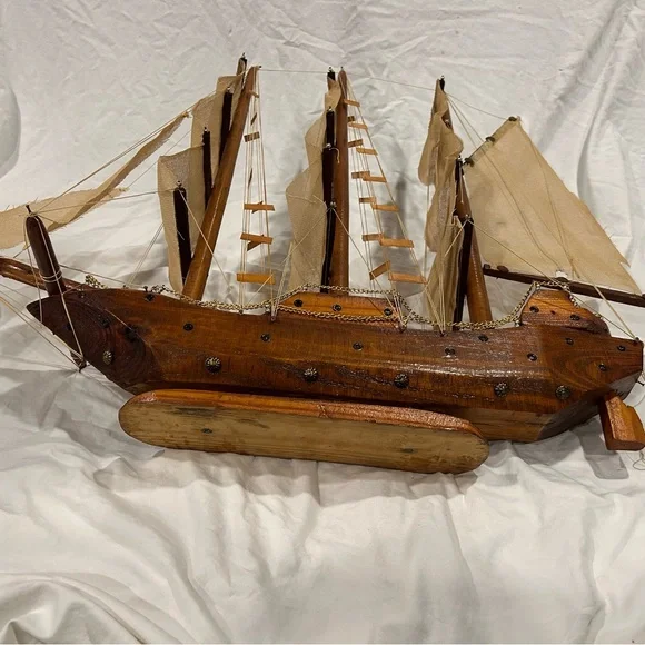 Vintage Sailboat Huge Handmade Multi Fabric Sail Boat Wooden Wood